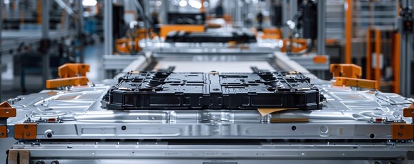 Powering the Future, EV Battery Module on an Automotive Production Line, Exemplifying Technological Advancement in Electric Vehicle Manufacturing