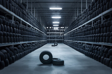 Stacks of car tyres along factory storage