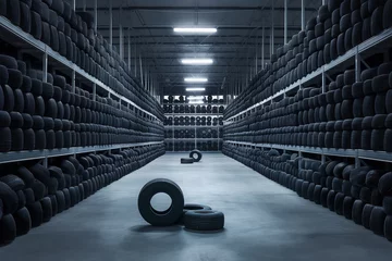 Fotobehang Stacks of car tyres along factory storage © kanurism