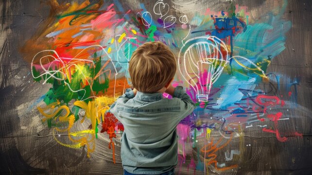 school-aged child Have ideas about art It is a crayon painting on a background of imaginative thoughts