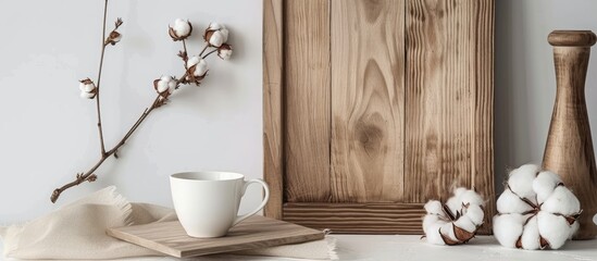 A white cup is placed on top of a wooden table, against a white background. The simple and elegant setup allows the cup to stand out, creating a practical and clean aesthetic.