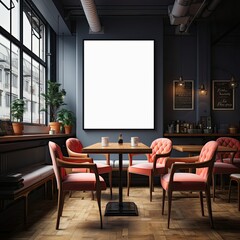 frame with poster mockup in cafe in modern Scandinavian style with table, chairs and plants