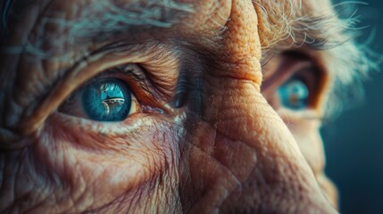 Close-up of a forgetful elderly person's eyes, gazing out with a mix of confusion and sadness, reflecting the emotional impact of dementia