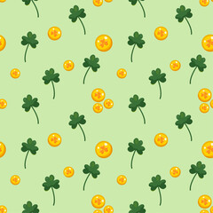 Seamless pattern for St. Patrick's Day with green clover twigs and gold coins on green background. Festive pattern for packaging design, background and decor