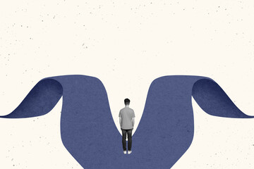 Creative photo collage picture standing alone young man decide which way choose select turn left right path destination reach target goal