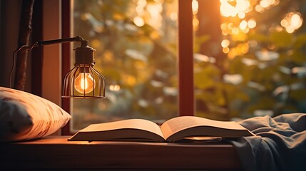 a lamp on a table next to a book - obrazy, fototapety, plakaty