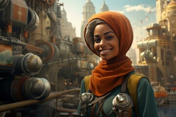 Smiling saleswoman in city. Confident positive sales clerk lady. Generate ai