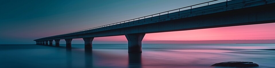 a bridge over water with a pink and purple sky