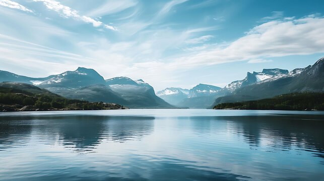 This is a beautiful landscape image of a lake and mountains. The water is calm and still, and the sky is clear and blue.