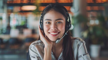Smiling call center business woman Put your headset on in the office to support remote clients. Telemarketing
