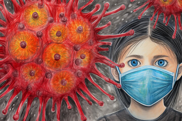 Child's drawing with colored pencils and felt-tip pens on the topic: on the topic: “I am sick with coronavirus, me and coronavirus.” How children's imagination represents coronavirus, illustration. - obrazy, fototapety, plakaty