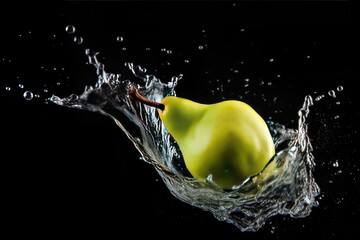 Slow-motion shot of a pear plunging into water. black background.