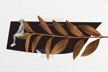 Photo collage creative picture sitting young man plant branch leaves organic environment ecosystem...