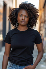 african-american plump woman with makeup shows off a long black short-sleeve t-shirt - obrazy, fototapety, plakaty