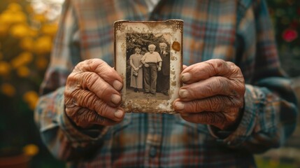 Close-up of a senior man's hands holding a family photograph, with a blurred background to symbolize fading memories - obrazy, fototapety, plakaty