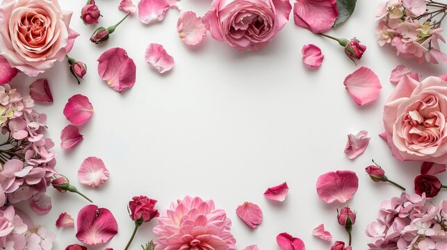 Autumn flowers composition. Frame made of pink rose, hydrangea flowers on white gray background. Flat lay