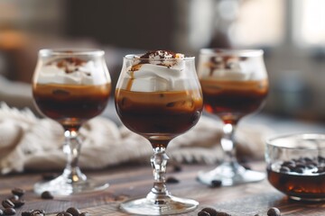 a group of glasses with brown liquid and whipped cream