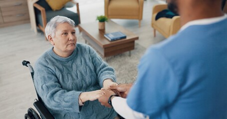 Wheelchair, sad or old woman holding hands with nurse for support or consultation for healthcare...