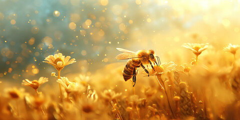 Bee pollinating flowers. Honey bees and organic honey production. Bright yellow background with apiary and bees.