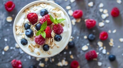 fresh yogurt with oat flakes and berries