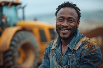 A professional black male engineer in overalls smiles in front of a large yellow tractor against the background of a freshly plowed field, symbolizing progress and productivity. - obrazy, fototapety, plakaty