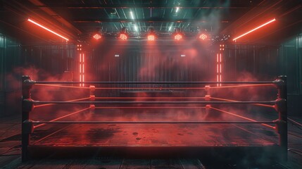 Empty boxing ring with lights on the stage - obrazy, fototapety, plakaty
