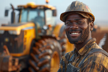 A professional black male engineer in overalls smiles in front of a large yellow tractor against the background of a freshly plowed field, symbolizing progress and productivity.