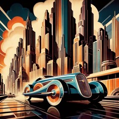 Retromodern car in the city, art deco vintage illustration