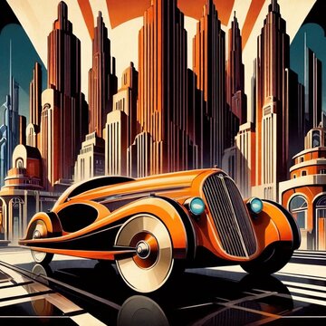 Retromodern car in the city, art deco vintage illustration