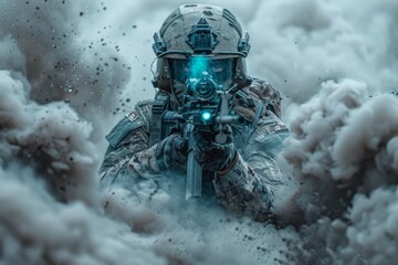 A special forces soldier dressed in camouflage and tactical equipment, wearing a helmet and night vision goggles, holds a machine gun in his hands, stands ready - obrazy, fototapety, plakaty