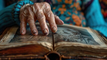 Close-up of a senior woman's hand touching a photo album, with visible distress, conveying the emotional impact of recognizing fading memories