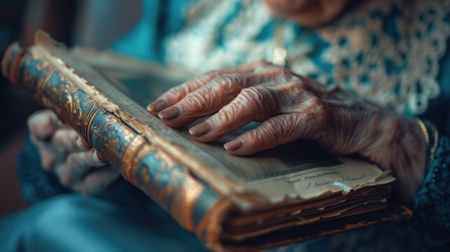 Close-up of a senior woman's hand touching a photo album, with visible distress, conveying the emotional impact of recognizing fading memories - Powered by Adobe
