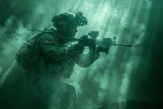 A special forces soldier dressed in camouflage and tactical equipment, wearing a helmet and night vision goggles, holds a machine gun in his hands, stands ready - Powered by Adobe