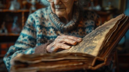 Close-up of a senior woman's hand touching a photo album, with visible distress, conveying the emotional impact of recognizing fading memories