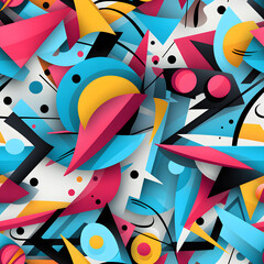A seamless pattern featuring geometric shapes and lines in bold and vibrant colors