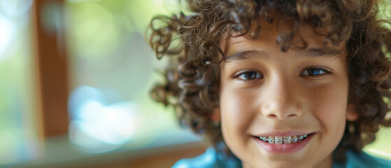 Cheerful boy with curly hair and braces beams a bright smile outdoors.