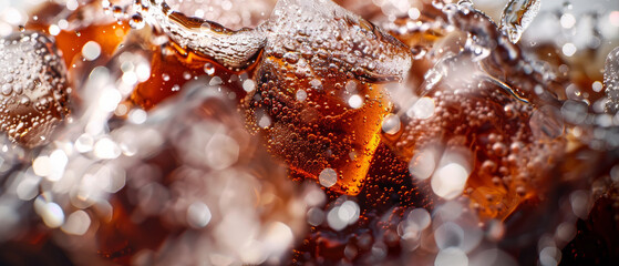 Close-up of glistening ice cubes in a refreshing bubbly brown beverage.