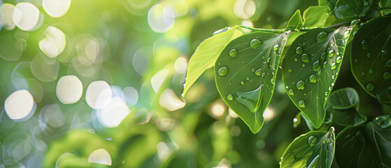 Fototapeta na wymiar Morning dew adorns the vibrant green leaves, basking in the soft sunlight.