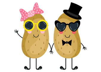 Funny potato mascot couple with sunglasses