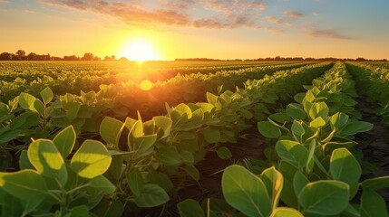 panorama of green soybean plants on cultivated land at sunset.