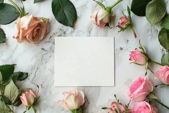 Mock up of Blank Card on marble table with spring pink roses top view. Empty white postcard template for Happy Mother and Women Day greetings. Flat lay Wedding invitations with copy space