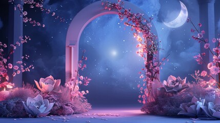 
a scene of ramadan night islamic arch with pastel floral and light of ramadan celebration with half moon