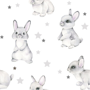 Fabric design with rabbits and stars.Cute animals.Watercolor bunny rabbit.Kids background.Watercolor seamless patern for kids.Childish background.