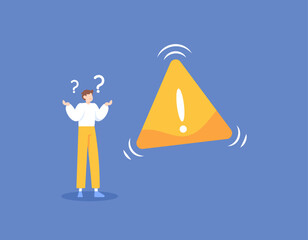 notification if an error has occurred. confused about how to resolve the error. a man was confused because a warning sign appeared. questions and problems. danger sign. flat style illustration concept