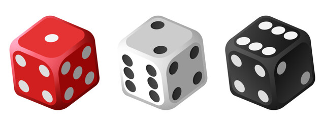 Set of dice. Black, red and white dice. Vector 3D illustration.