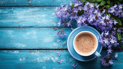a cup of coffee and purple flowers on a blue wood table - Powered by Adobe
