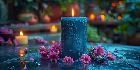An aromatherapy candle burns among floral decorations, creating a tranquil, spa-like atmosphere. - obrazy, fototapety, plakaty
