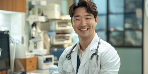 Professional Excellence, Handsome 30-Year-Old Korean Doctor Wearing a Smile and Stethoscope, Standing in a Doctor Office at the Hospital Amidst Medical Equipment