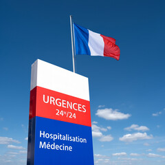 Un panneau de signalisation d'urgences médicales 24 heures sur 24 avec un drapeau français