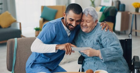 Wheelchair, hug or caregiver with old woman in retirement talking for bonding together in nursing...